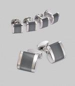 A luxury set that appoints a formal look with polished style, defined by fiber-optic glass band detail in rhodium-plated metal. Set includes 2 cuff links and 4 matching shirt studs Cuff links: about ¾ square Shirt studs: about ¼ square Imported 