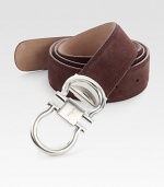 Adjustable suede belt with double gancini buckle.SuedeAbout 1½ wideMade in Italy