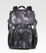 Tessuto nylon backpack with camo print detail and adjustable shoulder straps for maximum comfort.Drawstring, buckle closureTop handleExterior, interior zip pocketsNylon10W x 18H x 7DMade in Italy