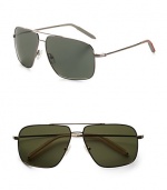 Oversized aviators with double-bridge detail and injected silicone temple tips. Available in gold frames with mineral glass green lenses and chrome frames with mineral glass grey lenses. Metal frames 100% UV protective Imported 