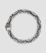 Link-style design in gleaming sterling silver with a signature 18k gold accent clasp. About 8½ long Lobster clasp Made in USA