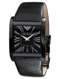 A modern classic in pitch black tones, by Emporio Armani. Watch crafted of smooth black leather strap and square black ion-plated stainless steel case. Black dial with silver tone Roman numerals, two hands, inner minute track and logo at twelve o'clock. Quartz movement. Water resistant to 30 meters. Two-year limited warranty.