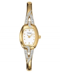 A whimsical twist makes this twinkling watch from Caravelle by Bulova a great choice. Goldtone mixed metal bracelet with sparkling crystal detailing. Mixed metal case. White dial with logo and goldtone markers. Quartz movement. Water resistant to 30 meters. Three-year limited warranty.