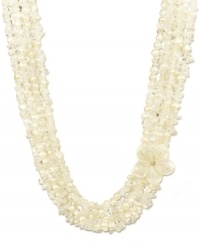 The perfect spring pick. A delicate flower adorns the corner of this beautiful multi-strand necklace. Crafted in sterling silver with cultured freshwater pearls (6-7 mm), cultured freshwater Mother of Pearl and sparkling crystals. Approximate length: 18 inches.