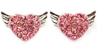 Gorgeous Silver Plated Flying Heart Angel Wings Stud Earrings with Sparkling Pink Crystals