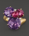 A dazzling cluster of amethyst , rhodolite and diamonds in 18K yellow gold. From Carelle.