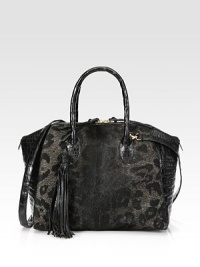 This unique style features ombre animal printed hair calf accented with crocodile trim.Double top handles, 6 dropDetachable shoulder strap, 22 dropTop zip closureOne outside zip pocketOne inside zip pocketThree inside open pocketsSuede lining13W X 10H X 6DImported