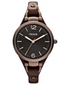 A thin leather strap holds a chocolate-hued case on this unique Georgia collection watch by Fossil.