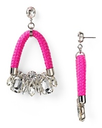 Crystal stones dress up a twisted neon cord on these drop earrings from nOir. Equal parts crafty and cool, this pair instantly adds some summer-perfect sparkle.