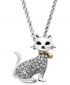 Meow! Add a little feline fashion to your look with this purr-fect style! Crafted in sterling silver with 14k gold accents, a sleek cat pendant sparkles with the addition of round-cut diamonds (1/8 ct. t.w.) and black diamond accents as eyes. Approximate length: 18 inches. Approximate drop: 3/4 inch.