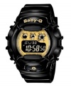 Tough meets sweet with this bumblebee shaded watch from Baby-G. Crafted of black resin strap and round case. Gold tone logo at bezel. Gold-tone, shock-resistant, digital display dial features EL backlight, world time, four daily alarms and snooze option, hourly time signal, stopwatch, countdown timer and 12/24-hour formats. Quartz movement. Water resistant to 100 meters. One-year limited warranty.