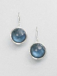 From the Wonderland Collection. Faceted, circular indigo doublets set in hammered sterling silver in a pretty drop design. Indigo doubletsSterling silverDrop, about 1.2Hook backImported 