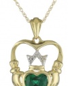 XPY 14k Yellow Gold Created Emerald and Diamond Claddagh Pendant