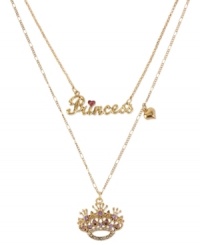 Give yourself the royal treatment with this two-row necklace from Betsey Johnson. Crafted from antique gold-tone mixed metal, the necklace with its glass crystal accents shows who rules the roost. Item comes packaged in a signature Betsey Johnson Gift Box. Approximate length: 16 inches + 3-inch extender. Approximate drop: 3 inches.