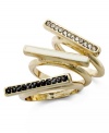 Three's company you'll enjoy This set of 3 multi-ring set from Bar III is crafted from gold tone mixed metal with crystal accents and white enamel. Size 7.