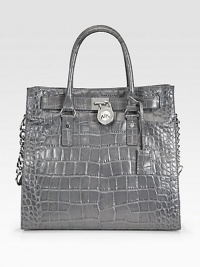 Glazed croc-embossed leather, cinched at the sides and finished with polished hardware.Double top handles, 5 drop Chain and leather shoulder strap, 11 drop Magnetic top closure Protective metal feet One inside zip pocket Four inside open pockets Logo-print lining 14W X 13H X 4½D Imported