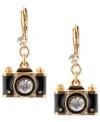 Capture the memories. These drop earrings from Betsey Johnson feature black camera charms embellished with crystal accents and gold tone details. Crafted in antiqued gold tone mixed metal. Approximate drop: 1-1/3 inches.