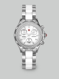 From the Tahitian Collection. Brilliant, faceted diamonds adorn the bezel of a Swiss-made, stainless steel and white ceramic design in a timeless expression of luxury and style. Swiss quartz chronograph movement Water-resistant to 5 ATM Diamond bezel; 0.47 tcw Stainless steel case; 35mm (1.38) K1 mineral crystal round face Three chronograph sub dials Date display at 6 o'clock Second hand Ceramic link bracelet; 18mm wide (0.71) Imported