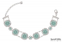 Victorian Style.925 Sterling Silver Bracelet by Lucia Costin with Mint Blue Swarovski Crystals and Filigree Elements, Set with 4 Petal Flowers and Dots