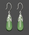 Cool, calm and collected. This peaceful style adds serenity to any look. Solid jade teardrops (10 mm x 25 mm) shine with the addition of a scrolling sterling silver overlay. Approximate drop: 1-3/4 inches.