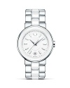 A chic pairing of stainless steel with white ceramic makes this MOVADO timepiece a modern classic.