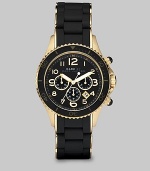 Striking and sporty, combining a full-function chronograph with gold IP-finishing over stainless steel and elegant black enamel and silicone layering.Round stainless steel case with gold IP finishing