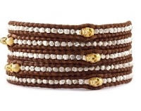 Chan Luu Silver Mix Skull Wrap Bracelet on Brown Leather