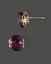 Brilliant faceted amethysts in intricate 14K yellow gold settings.