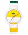 A bold splash of sunburst yellow enlivens every hour on this men's and women's Goa by Lacoste watch. Multicolor silicone strap. Round white plastic case and round white and yellow dial with logo. Quartz movement. Water resistant to 30 meters. Two-year limited warranty.