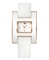 Pristine and refined styling from Tommy Hilfiger. Watch crafted of white calf leather strap and rectangular white enamel and rose-gold tone stainless steel case. White dial features rose-gold tone stick indices, three hands and iconic flag logo at twelve o'clock. Quartz movement. Water resistant to 30 meters. Ten-year limited warranty.