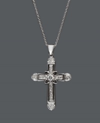 Vintage style and spirituality combine in this exquisite Effy Collection pendant. An antique-inspired cross features an intricate cut decorated with round-cut diamonds (1/4 ct. t.w.). Setting and chain crafted in 14k white gold. Approximate length: 18 inches. Approximate drop: 1-1/4 inches x 3/4 inch.