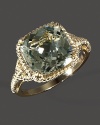 Brilliant, square cut green amethyst set in textured 14K yellow gold.