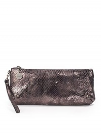 Sleek and stylish, snakeskin-printed leather shapes this elongated style with a wrist strap and logo disc pull.Leather wrist strap, 7 drop Top zip closure One inside zip pocket Fully lined 12W X 5½H X ½D Imported