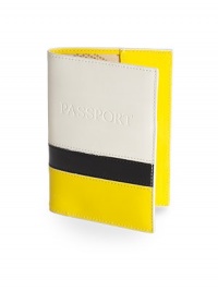 THE LOOKColorblock designPassport embossed at frontOne inside transparent ID slotTwo slip slotsTHE MEASUREMENT5½W X 4H X ¼DTHE MATERIALLeatherCotton twill liningCARE & ORIGINImported