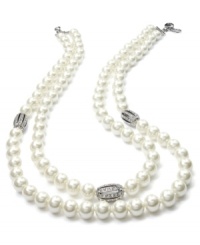 Endless elegance. Lauren Ralph Lauren's double-strand glass pearl necklace features metal accents with pave crystals. Crafted in silver tone mixed metal. Approximate length: 19 inches.