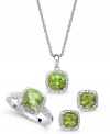 A subtle green sheen. Cushion-cut peridots (4-3/4 ct. t.w.) and sparkling diamond accents adorn this pretty matching jewelry set. Includes a pendant, stud earrings and ring in sterling silver. Approximate necklace length: 18 inches. Approximate drop: 1/2 inch. Approximate earring diameter: 1/4 inch. Size 7.