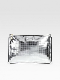 A sleek design in scored, metallic leather with a modern grid pattern.Top zip closureFully lined13W X 8½H X ½DMade in Italy