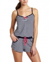 Betsey Johnson Women's Yarn Dye Baby Terry Romper, Going On Stripe White/Navy Seals, Small