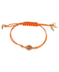 Eye your new favorite bracelet. This RACHEL Rachel Roy bracelet showcases an evil eye charm with glass stone accents. An adjustable coral waxed cotton cord holds it all together. Set in worn gold tone mixed metal. Approximate diameter: 5/8 inch. Adjustable from 1 inch to 7-1/4 inches.