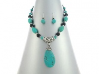 Winnity Turquiose and Black Onyx Look Teardrop Necklace and Earrings Set Antique Silver Tone