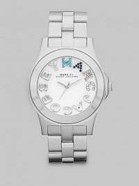 Colorful crystals accent the logo dial on this simply chic, stainless steel style. Quartz movementWater resistant to 5 ATMStainless steel case, 40mm (1.6) Smooth bezelWhite dialCrystal accented and smooth logo hour markersSecond hand Stainless steel link braceletImported 