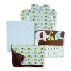 Playful blue and green elephants on a light blue or brown ground with a coordinating blue, green and brown pinwheel-like print. This bumper-free 4-piece set includes the complete sheet, airflow wearable blanket, linen crib skirt and nursery blanket.The American Academy of Pediatrics and the U.S. Consumer Product Safety Commission have made recommendations for safe bedding practices for babies. When putting infants under 12 months to sleep, remove pillows, quilts, comforters, and other soft items from the crib.