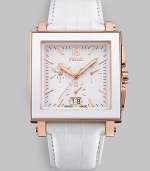 An elegant square timepiece with a ceramic bezel, 18k rose goldplated accents and full chronograph functions.