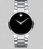 Elegant and refined, this stainless steel timepiece makes for a classic design.Swiss quartz movement Water resistant to 3 ATM Stainless steel case, 38mm (1½) Black Museum dial Round marker at 12 o'clock Made in Switzerland 