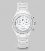 Classic chronograph design features a textured enamel dial framed in one hundred brilliant diamonds. Swiss quartz movementWater resistant to 5 ATMRound ceramic case, 35mm (1.4)Diamond bezel, .47 tcwWhite chronograph dialNumeric hour markersDate display at 6 o'clockSecond hand White ceramic link braceletImported