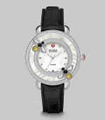 This limited edition timepiece boasts a diamond bezel with mother-of-pearl details on a luxurious alligator strap. Swiss quartz movementWater resistant to 5 ATMRound stainless steel case, 38mm (1.5)Diamond accented mother-of-pearl bezel, .57 tcwMother-of-pearl dialDot hour markersSecond hand Black alligator strap, 16mm wide (0.6)Imported