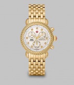 From the CSX Collection. A dazzling diamond accented design with a technical chronograph dial on a goldtone bracelet.Swiss quartz movementWater resistant to 5 ATMRound goldtone stainless steel case, 36mm (1.4)Diamond accented bezel and markers, .64 tcwMother-of-pearl chronograph dialDate function at 6 o'clockSecond handGoldtone stainless steel link braceletImported