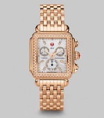 From the Deco Collection. A warm rose goldtone design with brilliant diamond accents and a chronograph dial. Swiss quartz movementWater resistant to 5 ATMRectangular rose goldtone stainless steel case, 33mm (1.3) X 35mm (1.4)Diamond bezel and markers, .66 tcwMother-of-pearl chronograph dialDate display at 6 o'clockSecond hand Rose goldtone stainless steel link bracelet, 18mm wide (0.7)Imported