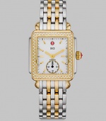 From the Deco Collection. A stunning, high contrast timepiece with a dazzling diamond bezel. Quartz movementWater resistant to 5 ATMRectangular goldtone stainless steel case, 29mm (1.1) X 31mm (1.2)Diamond accented bezel, .49 tcwMother-of-pearl dialBar hour markersSecond hand sub-dialTwo-tone stainless steel link bracelet, 16mm (0.6)Imported