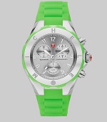 From the Tahitian Jelly Bean Collection. A fun and colorful design with technical appeal. Quartz movementWater resistant to 7 ATMRound stainless steel case, 40mm (1.6)Logo etched bezelSilver chronograph dialNumeric hour markersSecond hand Green silicone strapImported